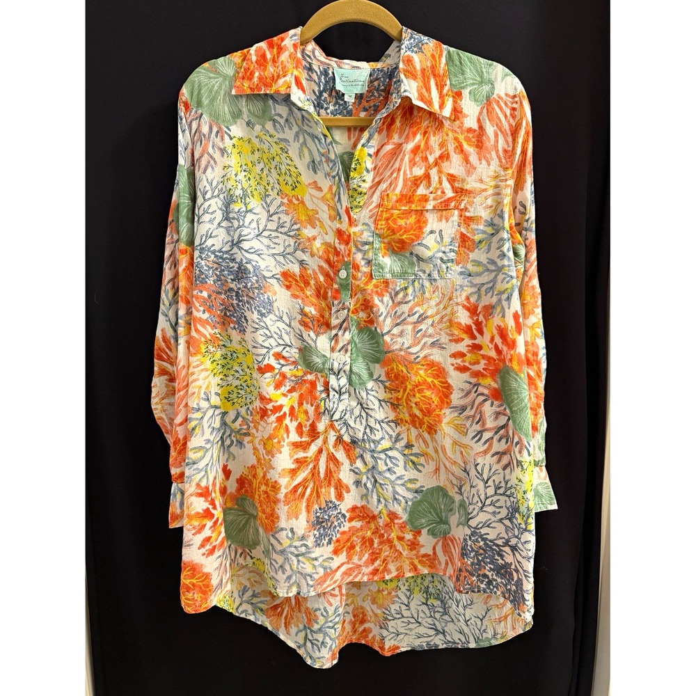 True Destinations Button-Up Shirt M Floral Collared Long Sleeve Cotton